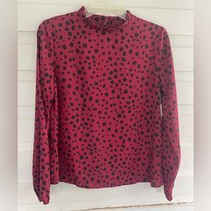 Shein Burgundy & Black Ruffle High Neck Blouse Top Size S / 4